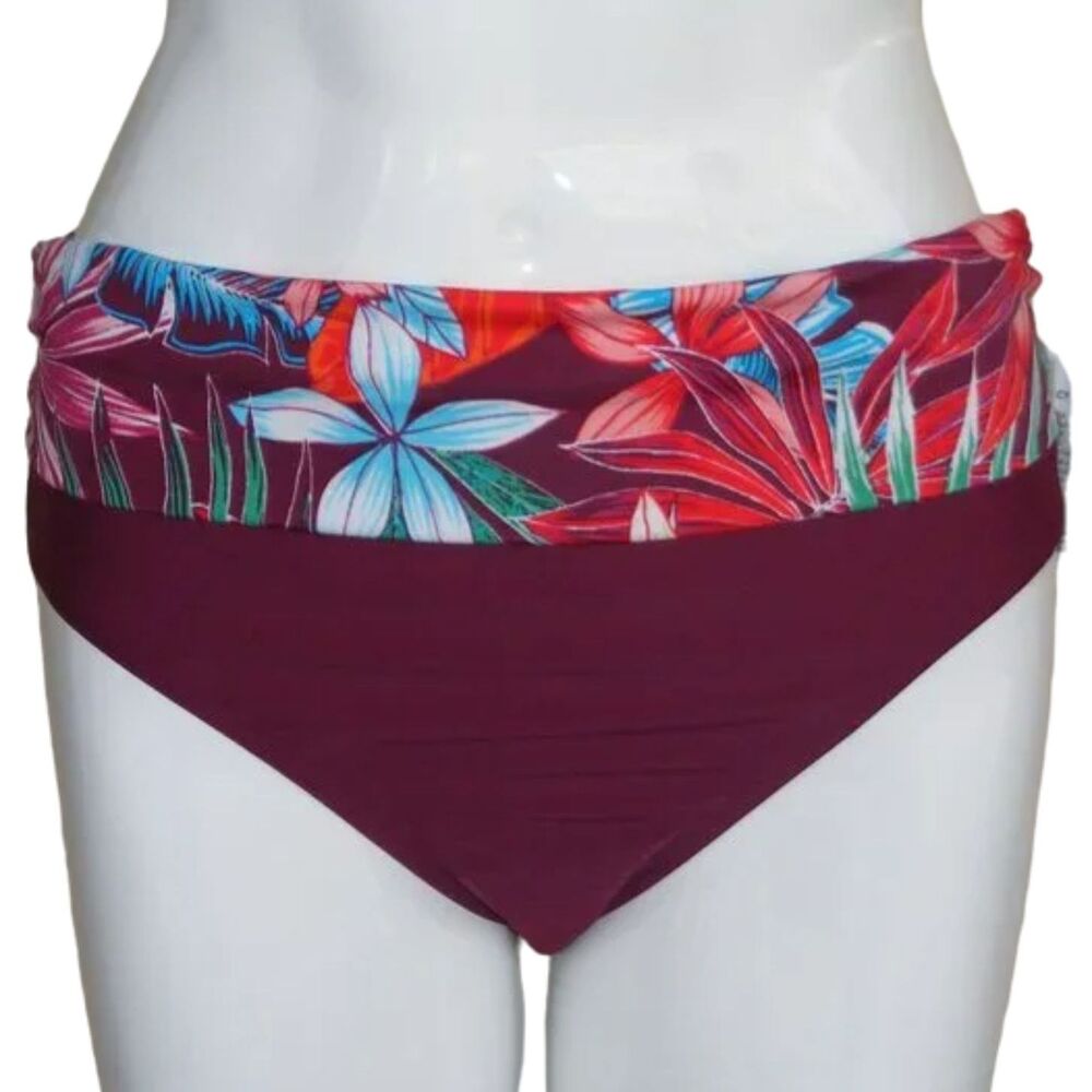 new! INTO THE BLEU Swim Bottom, 14, Maroon w/Floral accent Waist, liner